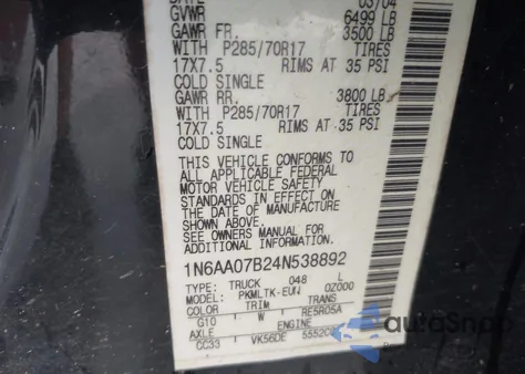 2004 Nissan Titan Se from USA, damaged, VIN 1N6AA07B24N538892